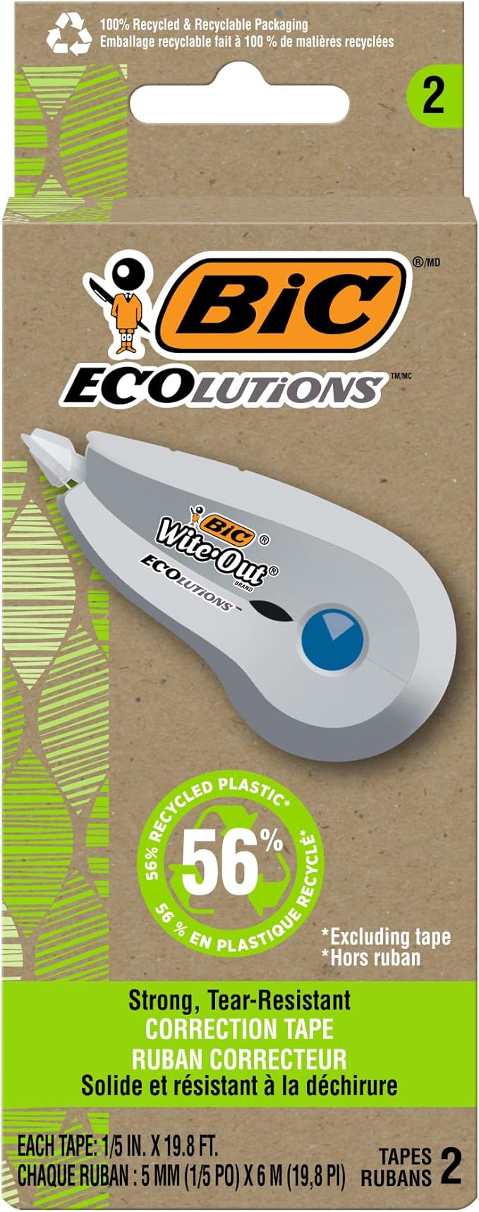 BIC Ecolutions Wite-Out Brand Correction Tape, 19.6 Feet, 2-Count Pack, Correction Tape Made from 56% Recycled Plastic Excluding Tape