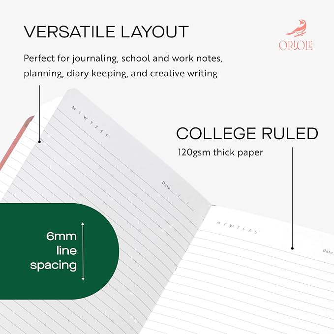 Oriole Vegan Leather Ruled Notebook - Pink | 176 Pages of Thick Lined Paper | Soft Touch Hardcover Journal (5 x 8 in) with Gold Foil Bird Design & Luxury Gift Box