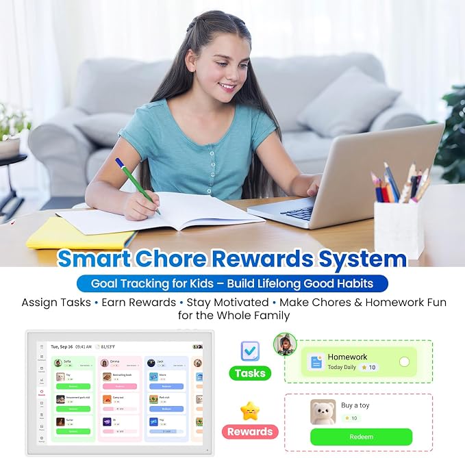 16" Smart Digital Calendar, Wall Desk Mount Planner with Google iCloud Sync, Touchscreen Family Organizer for Chore Chart, Meal Planning & Task Rewards（White）