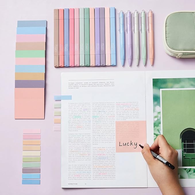 Jutom 38 Pcs Book Annotation Kit for Bible Journaling Study, Aesthetic Highlighters Pens, Index Tabs, Sticky Notes, Markers for Annotating Books Bible Page Tabs Supplies(Classic Color,Square)