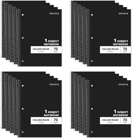 ONAVIA 1 Subject Spiral Notebook College Ruled Bulk, 140 Pages, Black | 70 Sheets, 8 x 10.5 in, 20 Pack School Notebooks, Spiral College Ruled Notebook, Students, Classroom