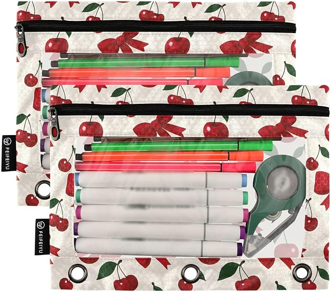 Cherry Red Bow Pencil Pouch for 3 Ring Binder 2 Pack Zipper Binder Pencil Bag Case with Clear Window Office Supplies