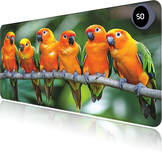 Heated Mouse Pad with 3 Levels Heated & 3 Hours Auto Shut-Off Mouse Pad for Warming Hands in Office Home, 23.6" x 14.2"Large Safe Desk Mat Hand Warmer，Parrots Meeting