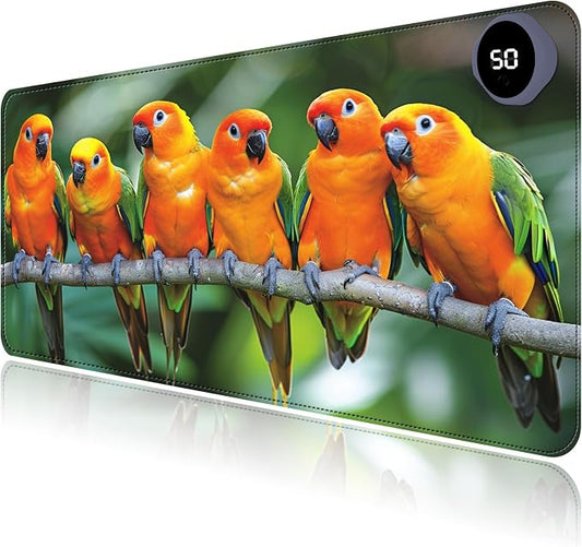 Heated Mouse Pad with 3 Levels Heated & 3 Hours Auto Shut-Off Mouse Pad for Warming Hands in Office Home, 23.6" x 14.2"Large Safe Desk Mat Hand Warmer，Parrots Meeting