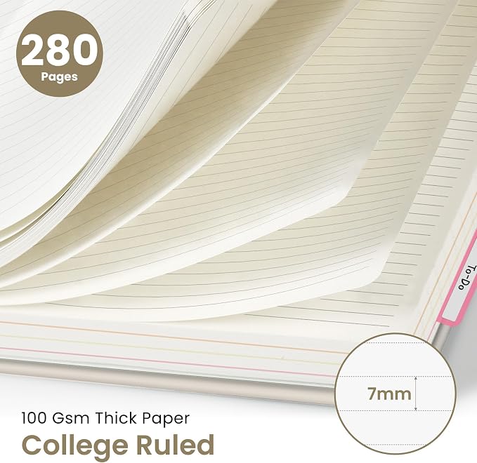 Hardcover Spiral Journal Notebooks for Work With Removable Dividers & Tabs, 8.5"x11" 5 Subject Notebook for Note Taking & Organizer, A4 College Ruled Lined Journal for Women & Writing, Grey Beige, 280 Pages