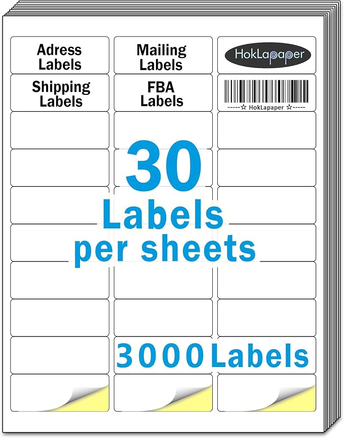 1"x2-5/8"Address Mailing Labels, 3000 Sticker Labels(100 Sheets) | Printable White Blank Labels for Laser/Inkjet Printer, Permanent Adhesive FBA Labels