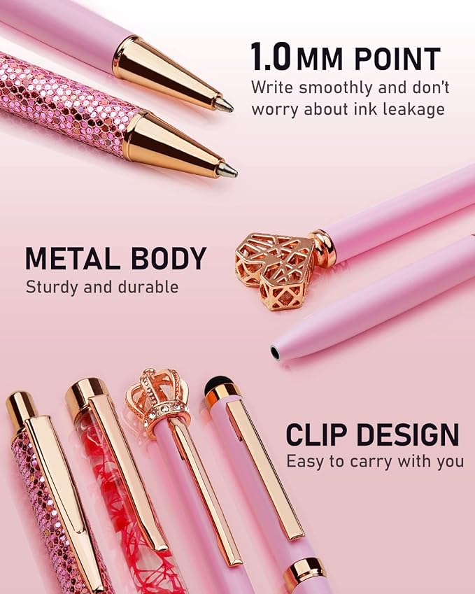 WEMATE 8Pcs Pink Pens, Metal Crystal Diamond Pens with Black & Blue Ink | Fancy Pens for Journaling, Office & Gift Supplies for Women Girls, Birthday and Back to School