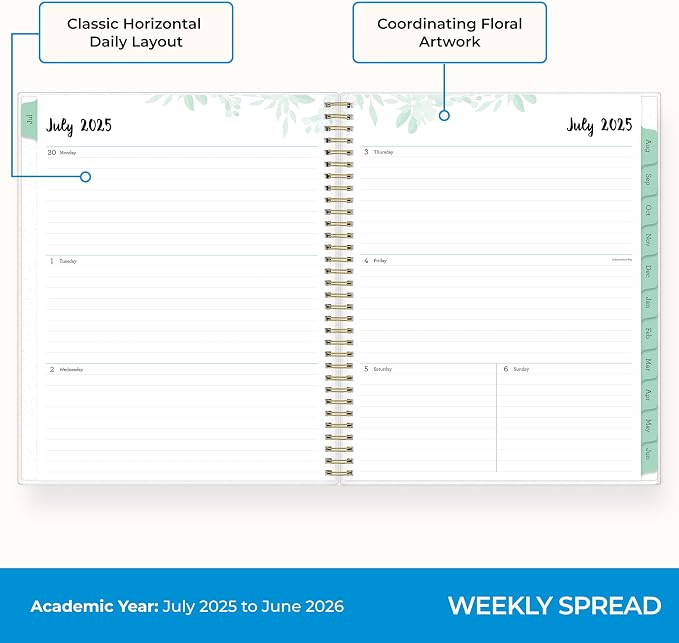 Blue Sky 2025-2026 Weekly & Monthly Academic Planner, 8.5"x11", Laurel | July 2025 - June 2026, Flexible Cover, Wirebound, Laminated Tabs, Storage Pocket, Academic Year