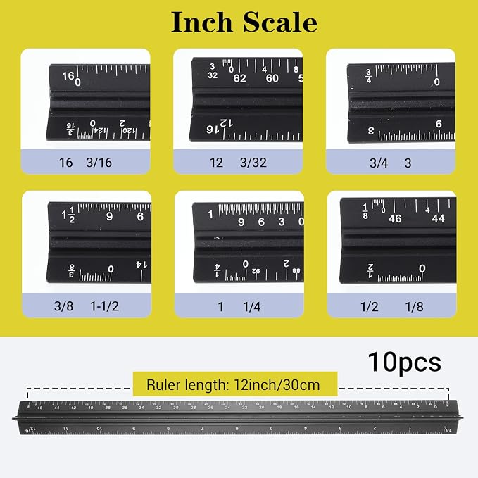 10 Pcs Architectural Scale Ruler 12" Imperial Architect Engineers Scale Triangular Ruler Aluminum Alloy Metal Triangle Drafting Rulers Measuring Tools for Architect Engineer Draftsman Artists (Black)