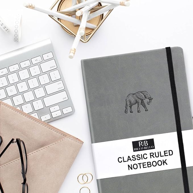 RICCO BELLO Lined Journal Notebook, Faux Leather Hardcover, Elephant | With Pen Holder, College Ruled, 96 Sheets / 192 Pages, 5.7 x 8.4 Inches, For Work & Notes