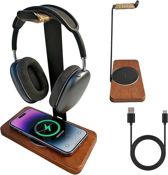 Handmade Solid Wood 2-in-1 Headset Stand with Wireless Charger 15W Max, Wireless Charging Dock Compatible with iPhone 17/16/15/14 /Samsung Series,Universal Holder for All Desk Headphones