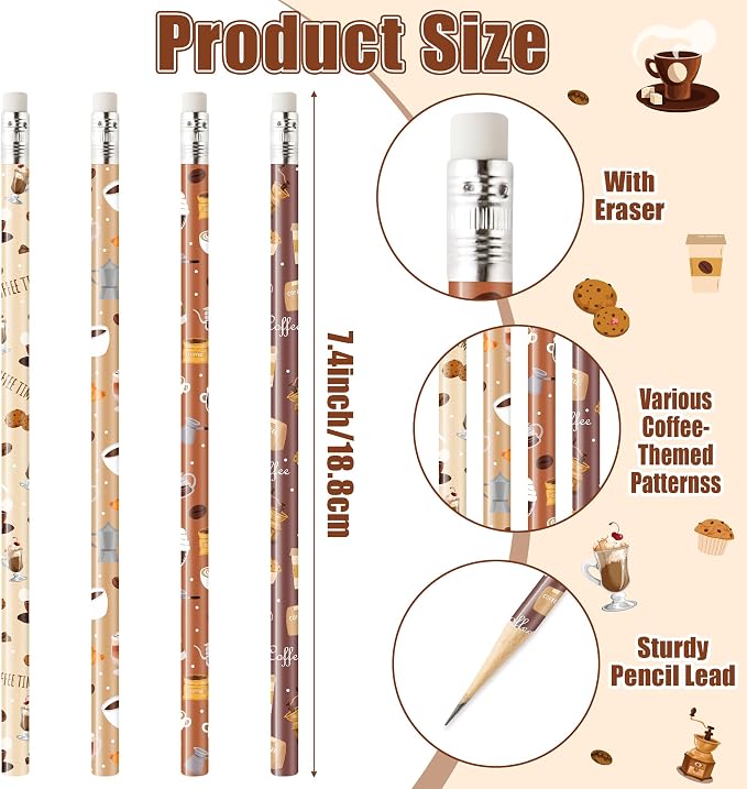 Xqumoi 60Pcs Coffee Themed Pencils with Eraser - Latte Cappuccino #2 HB Pencils, Coffee Lover Stationery Office Supplies Teacher Appreciation Gift Goodie Bag Fillers Stuffers Party Favors