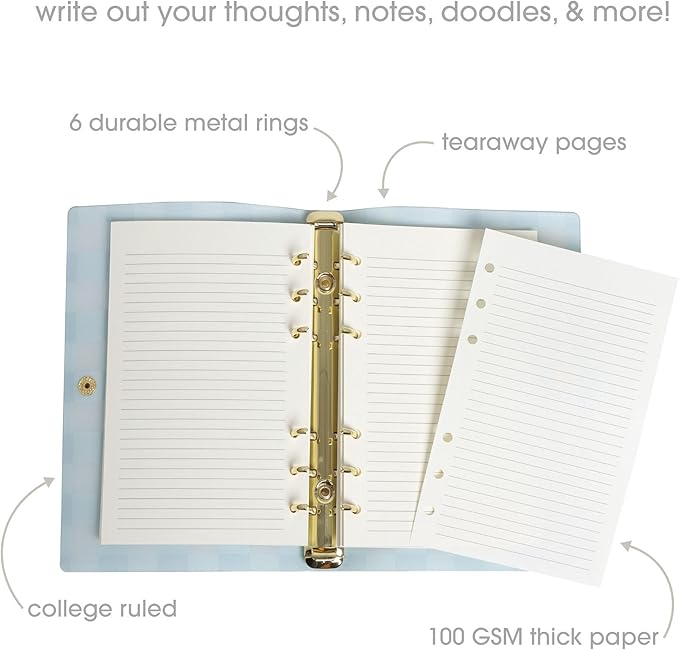Pearhead Blue Gingham 5x7 Binder Journal with Snap Closure – 1 Inch Round Ring 6 Ring Refillable Notebook – 100 Lined College Ruled Pages, Thick 100 GSM Paper – Small PVC Planner Organizer, Journal Gift For Women