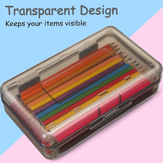Sooez 1 Pack Clear Pencil Box, Plastic Hard Pencil Case with Stickers, Large Crayon Box with Snap-tight Lid, Stackable Storage Art Craft Marker Organizer Boxes for Kids Boys Back to School, Gray