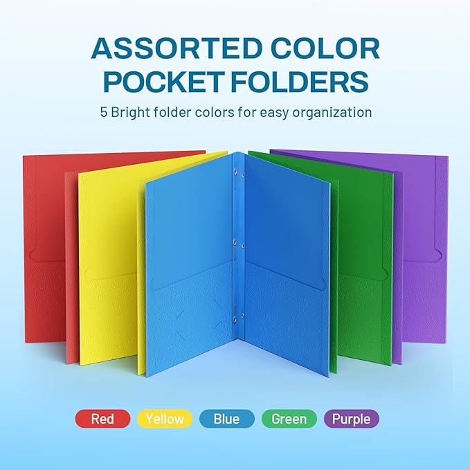 SUNEE 2 Pocket Folders with Prongs (25 Pack, Assorted Colors), Paper Folders with 2 Pockets and 3 Prongs Fit Letter Size Paper, Folders with Prongs for School Office Home Business