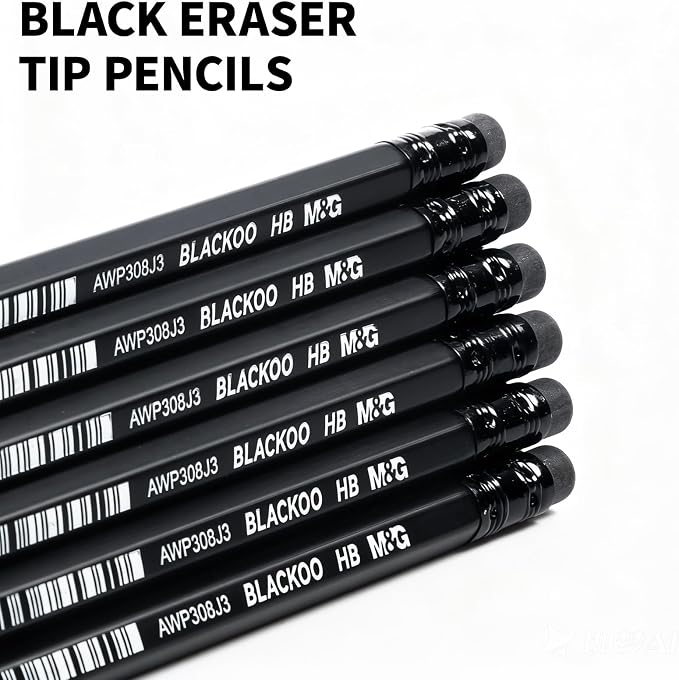 M&G BLACKOO Series HB Wood-Cased Pencils, 24-Pack Pre-Sharpened with Top Erasers, Bulk Black Pencils for School, Teachers, Writing, Drawing and Sketching (Black)