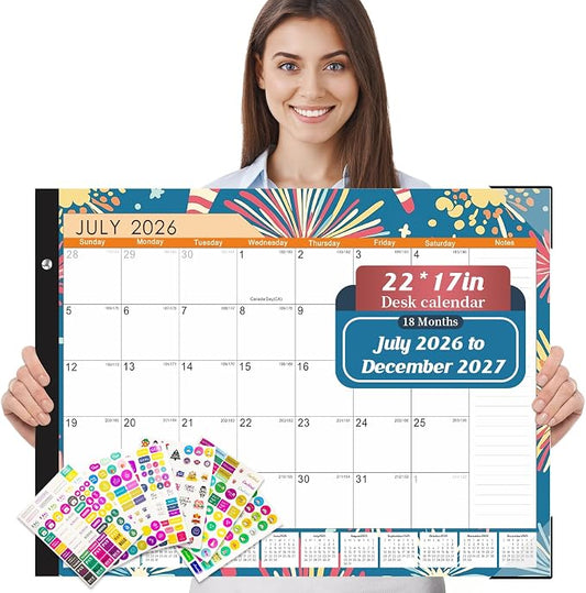 Gannyfer Desk Calendar 2026-2027, 18-Month Large Desk Calendar, July 2026 to December 2027, 22" x 17" Desktop Pad Calendar, Perfect for Home, School, or Office (6 Stickers Included)