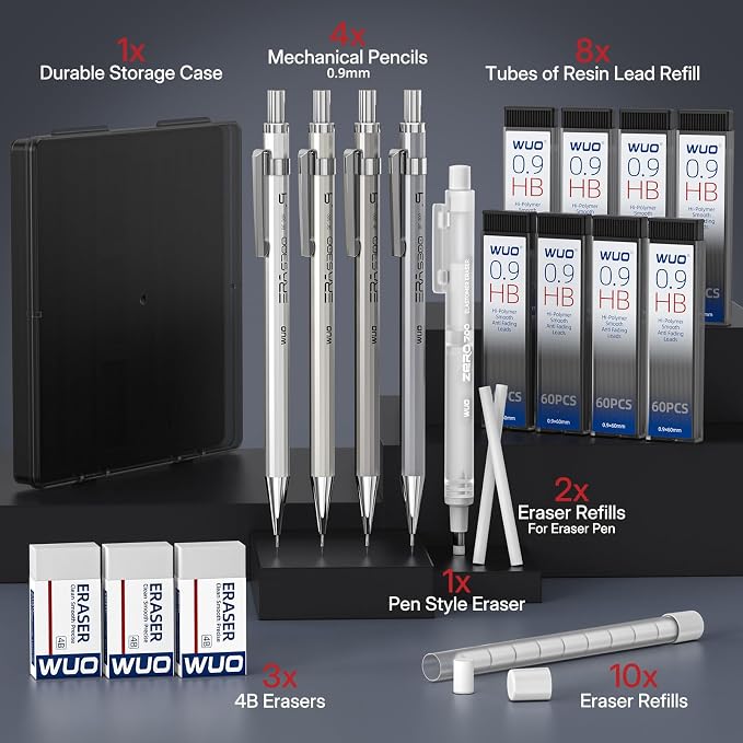 WUO 0.9mm Mechanical Pencil Set with Eraser Pen, 4PCS Metal Mechanical Pencils, 480 HB Lead Refills, 3PCS 4B Erasers, 10PCS Eraser Refills for Writing, Drafting, Drawing & Sketching