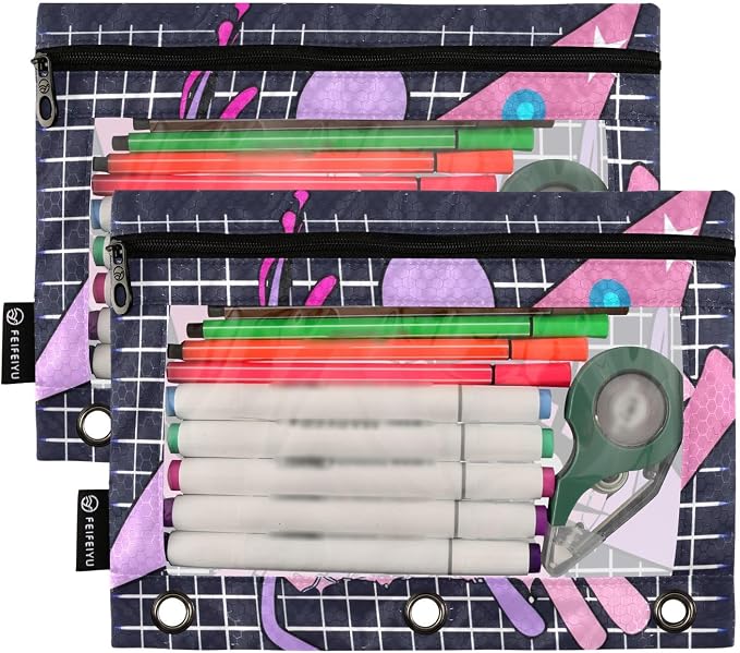 Cartoon Anime Eyes Pencil Pouch Fits standard 3-ring binders, Zipper Binder Pencil Bag with Clear Window for Office 2 Pack