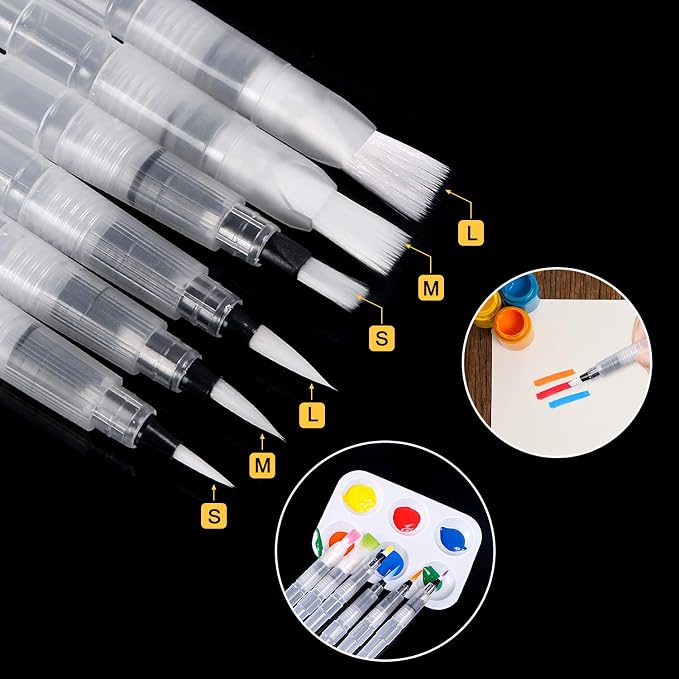 UPINS 6 Piece Water Color Brush Pen Set for Watercolor Paint Markers | Splatter-Free Shape-Retaining Nylon Tips, Artists and Hobbyists,Self-Moistening Controlled Flow,6 Assorted Varied Tip Pens