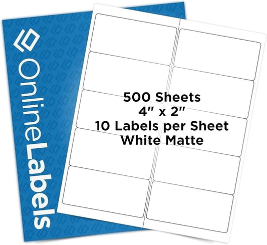 OnlineLabels 4" x 2" Rectangle Mailing Labels - White Matte - 500 Sheets | Permanent Adhesive, Blank Rectangle Labels, Inkjet and Laser Compatible, Ideal for Mailing & Address Labels