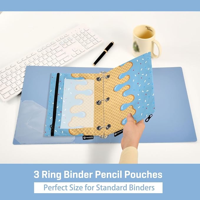 ALAZA Blue Ice Cream Pencil Pouch for 3 Ring Binder 2 Pack Zipper Binder Pencil Bag Case with Clear Window Office Supplies
