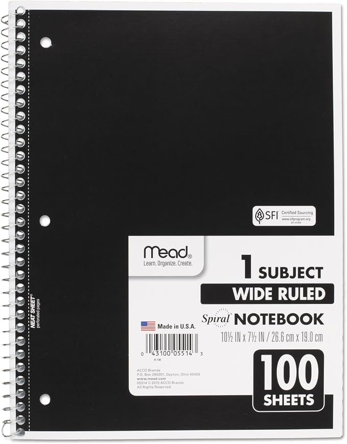 Mead Spiral Notebook, 1 Subject, Wide Ruled Paper, 100 Sheets, 10-1/2" x 8", Color Selected For You, 1 Count (05514)