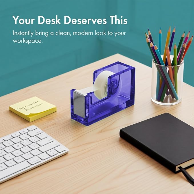 OfficeGoods Acrylic Tape Dispenser – Modern Desk Organizer for Office Supplies, Heavy Duty Refillable Tape Holder for Home and School Crafting, Stylish Desktop Accessory for Gift Wrapping, Blue