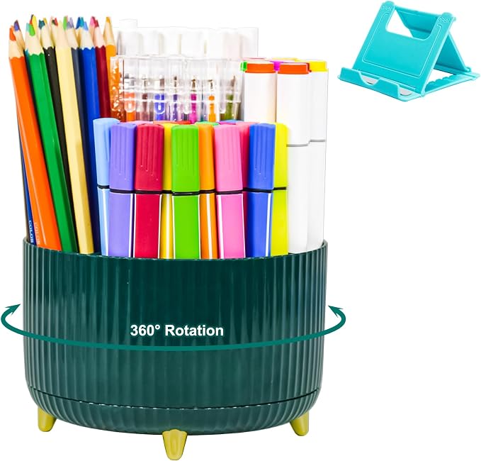 SAYEEC Rotating Pen Holder 5 Slots Desk Organizer with Adjustable Phone Stand Dark Green Makeup Brush Holder Organizer Cute Pencil Cup Pot Art Supply Storage Caddy for Office School Vanity Bathroom