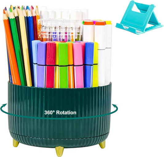SAYEEC Rotating Pen Holder 5 Slots Desk Organizer with Adjustable Phone Stand Dark Green Makeup Brush Holder Organizer Cute Pencil Cup Pot Art Supply Storage Caddy for Office School Vanity Bathroom
