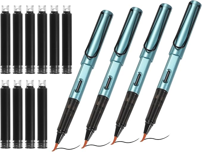 PATIKIL 4Pcs Calligraphy Brush Pens, Fountain Ink Brush Pen Refillable with 10Pcs Ink Refill for Writing Lettering Drawing Chinese Japanese Signature, Blue