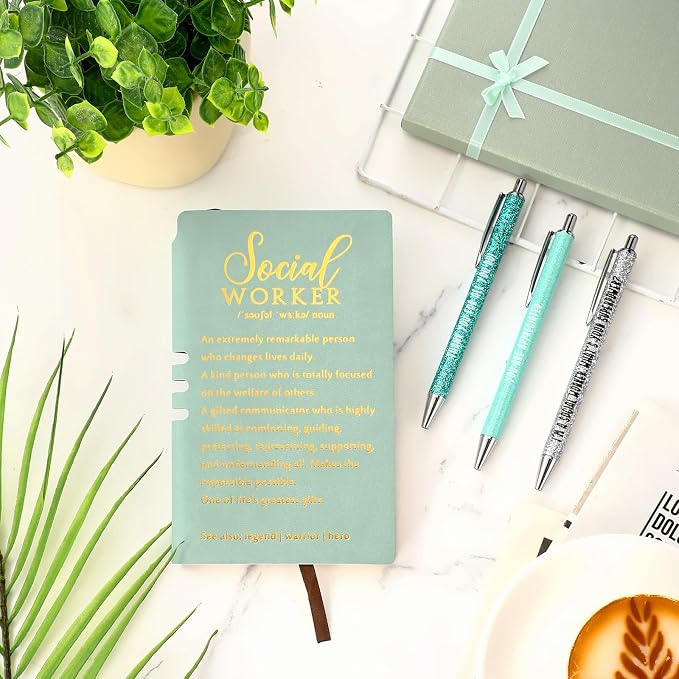 Resurhang 5 Pcs School Social Worker Must Haves Office Supplies Gift Leather Journal Notebook 3 Ballpoint Pens with Box Thank You Social Work Appreciation Gift for BSW MSW DSW(Green)