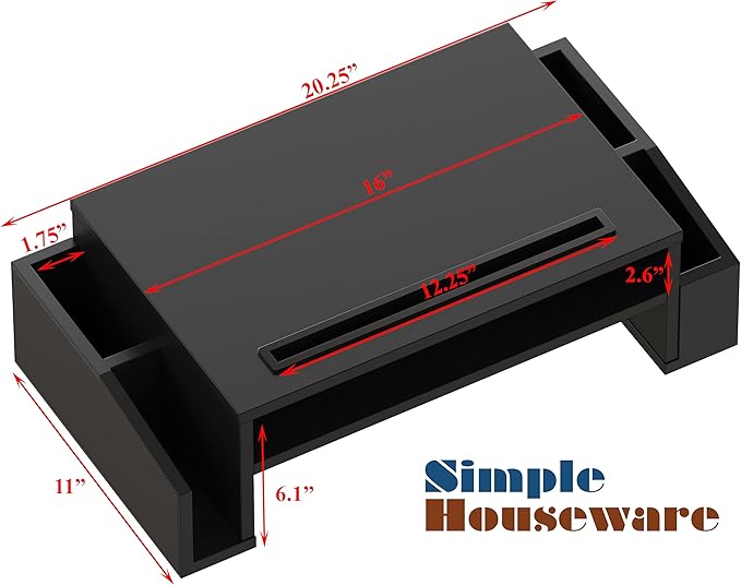 Simple Houseware Desk Monitor Stand Riser w/ Adjustable Tray, Black | Built-In Tablet Slot and Side Storage