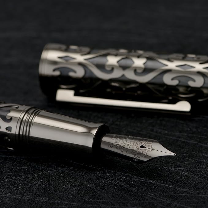 HONG DIAN D1 Piston Fountain Pen Fine Soft Nib, Jet Black Hollow Skeleton & Resin Pen with Metal Case Set