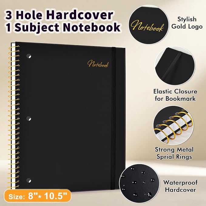 Spiral Notebook College Ruled Paper 8" x 10-1/2", 1 Subject Spiral Notebook 80GSM Paper, 3-Hole Punched Perforated Pages Ideal for School, Office, Writing, 75 Sheets Lined Journaling Notebook, Black