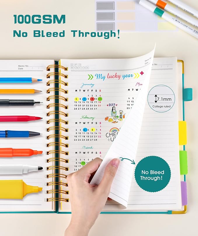 Hardcover Spiral Notebook journal with Removable Dividers Tabs, 300 Pages Leather 5 Subject Notebook College Ruled, 100GMS A5 Notebooks for Work School Note taking,Lined Journal for Women,A5-Blue
