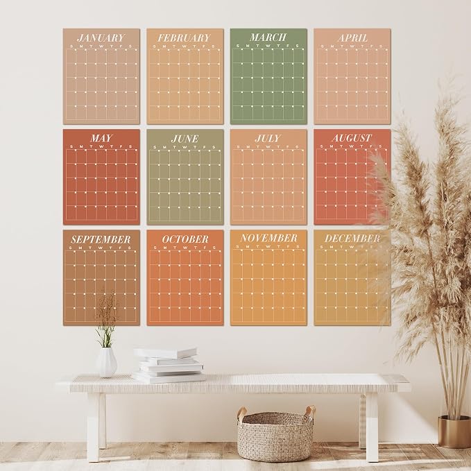 12 Pcs Brown Undated Calendars 16‘' x 20‘' Large Classroom Erasable Wall Calendar 12 Month Dry Ease Reusable Planning Yearly Blank Planner Reserved Grid for Office Home Educational Study Back to Class