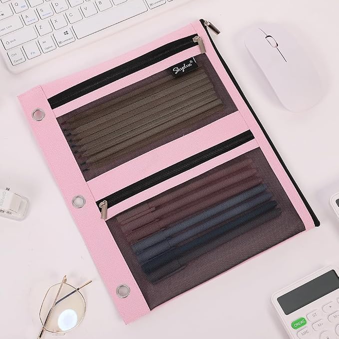 SKYDUE Pencil Pouch for Binder, Pencil Case, 3 Ring Binder Pencil Pouch with 3 Pockets and Mesh Window, Zipper Pencil Pouch, Durable Organizer for School Supplies, Cables, Earbuds, Makeup, Pink