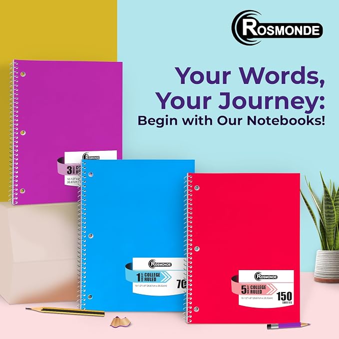 Rosmonde 50 Pack, 1 Subject Spiral Notebook College Ruled Bulk, 140 Pages (70 Sheets), Thick No-Bleed Paper, 8 x 10-1/2", 3 Hole Punched, College Ruled 1 Subject Notebook Bulk, Bulk Subject Notebook