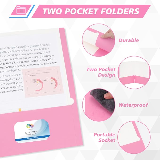 50 Packs Two Pocket Folders,Two Pocket File Folders with Business Card Slot,Pink,Letter Size,Paper Folders with Pockets for School Office Home Business