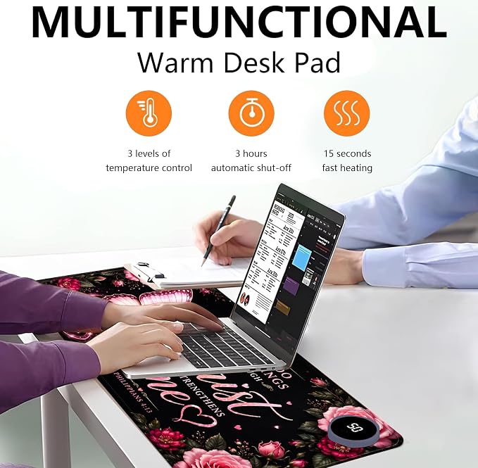 Large Heated Mouse Pad–23.6" x 14.2" Desk Mat for Office | 3 Adjustable Heat Levels,Auto Shut-Off After 3 Hours for Safety,Hands Warm While Working，Philippians 4:13 Butterfly Rose