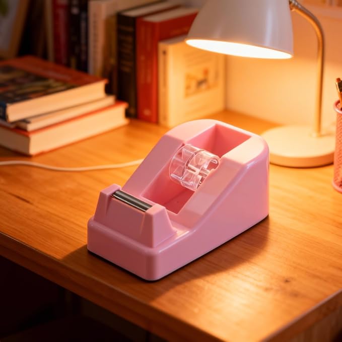 XEUZK Desktop Tape Dispenser Kits with Weighted Nonskid Base Tape Dispenser- Includes 9 Rolls of Transparent Tape(0.71 Inch x 500 inches Each) & Pink Scissors, 2 Pcs Tweezers (Pink)