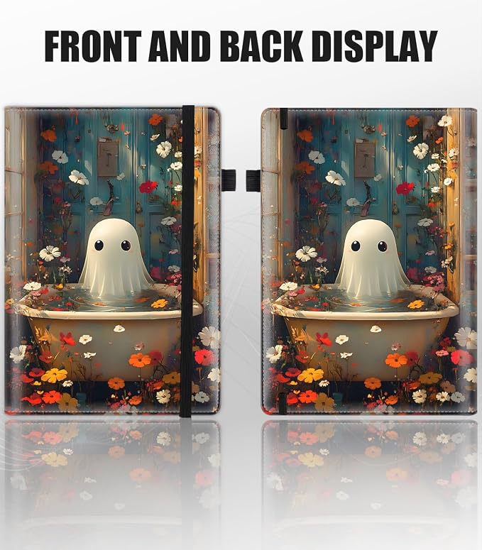 Hardcover Executive Notebooks, A5 PU Leather Lined Journal Notebook, 200 Pages Thick Paper Subject Notebooks for School,Work,Home Writing Business Notebook, Diary Book ，Floral Ghost in Bathtub