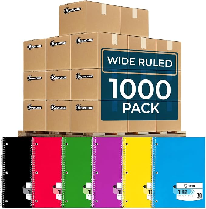 Rosmonde 1000 Packs (Pallet) 1 Subject Notebooks, Spiral Notebook Bulk, Wide Ruled, Pallet of Notebooks, 70 Sheets (140 pages), 8 x 10-1/2", Bulk Spiral Notebooks for School & Office, 4-7 Days Transit