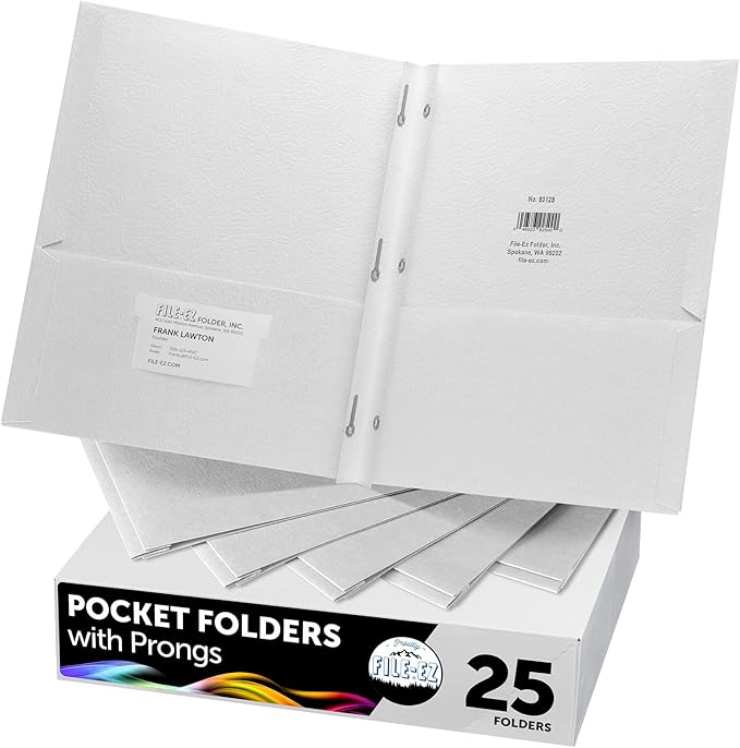 FILE-EZ Two-Pocket Folders with 3-Prong Fasteners, White Color, 25-Pack, Durable Textured Paper, Matte Finish, Letter Sheet Size (EZ-92510)