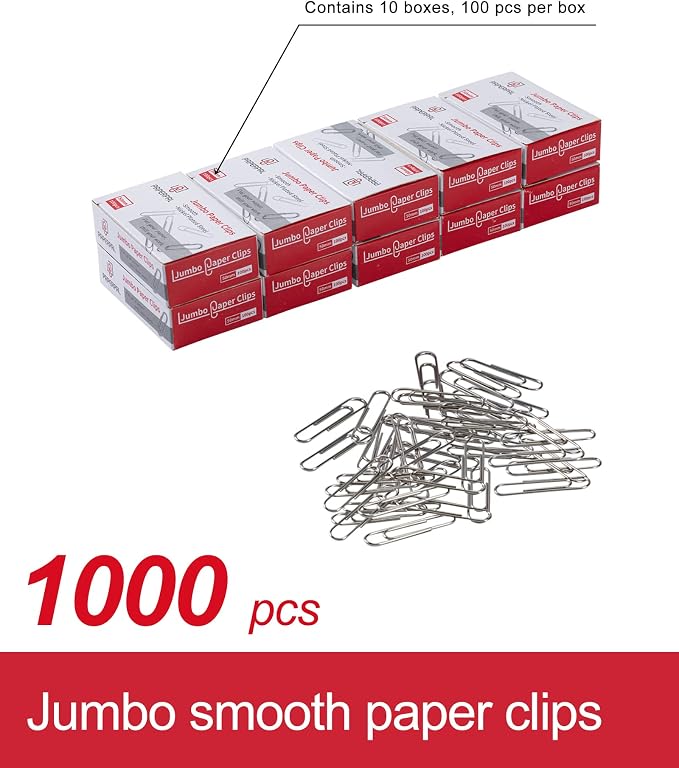 PAPERPAL Paperclips for Office School & Personal Use, Jumbo Smooth Paper Clip (2"), 1000 Large Paper Clips (10 Boxes of 100 Each), Silver | Value bulk pack of 1,000 large paper clips for offices, schools and businesses, packed in 10 boxes of 100 each.