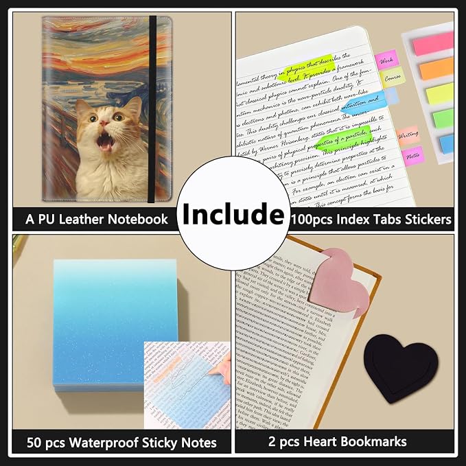 A5 Leather Lined Journal Notebook, 200 Pages Hardcover Executive Notebook for Men Women Office School Note Taking, Thick Writing Paper Daily Journal with Bookmarks/Indexes,Funny Cat