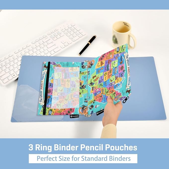 United States Map Pencil Pouch for 3 Ring Binder, 2 Pack Zipper Pencil Pouches with Clear Window Pencil Bag Case Office School Supplies