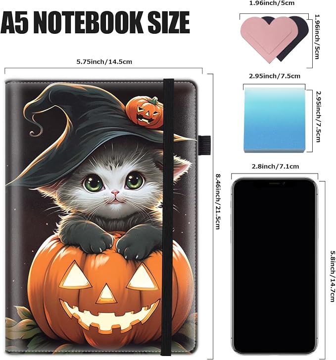 Hardcover Executive Notebooks, A5 PU Leather Lined Journal Notebook, 200 Pages Thick Paper Subject Notebooks for School,Work,Home Writing Business Notebook, Diary Book ， Halloween Cat Pumpkin