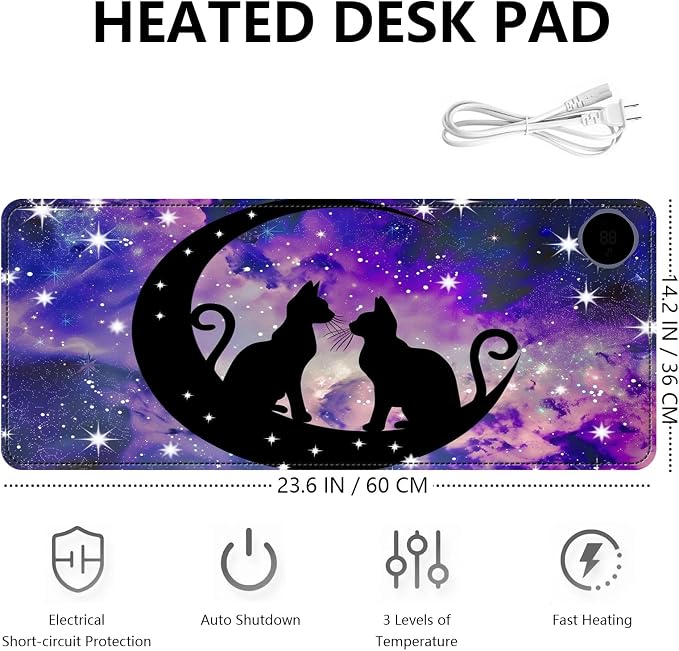 Heated Mouse Pad with 3 Levels Heated & 3 Hours Auto Shut-Off Mouse Pad for Warming Hands in Office Home, 23.6" x 14.2"Large Safe Desk Mat Hand Warmer，Cute Space Cat